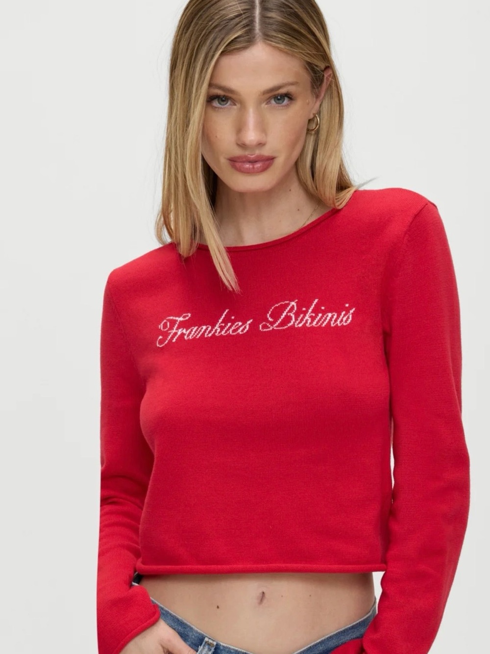 Frankie's Bikinis Kennedy Red Cotton Knit Sweater Long Sleeve Size Medium
